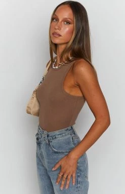 Beginning Boutique No Guidance Ribbed Bodysuit Mocha Tops