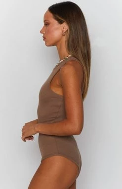 Beginning Boutique No Guidance Ribbed Bodysuit Mocha Tops