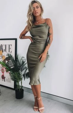 Beginning Boutique Schiffer Slip Midi Dress Khaki Dresses