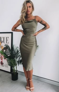 Beginning Boutique Schiffer Slip Midi Dress Khaki Dresses