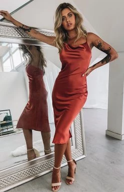 Beginning Boutique Schiffer Slip Midi Dress Rust Dresses