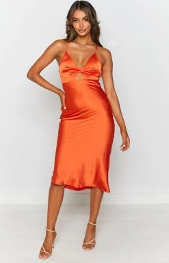 Beginning Boutique Ari Twist Satin Midi Dress Rust Dresses 12 Beginning Boutique Ari Twist Satin Midi Dress Rust Dresses