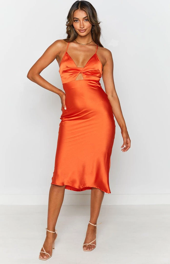 Beginning Boutique Ari Twist Satin Midi Dress Rust Dresses 4 Beginning Boutique Ari Twist Satin Midi Dress Rust Dresses