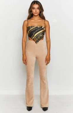 Beginning Boutique Drop It Low Wide Leg Ribbed Pants Beige Bottoms