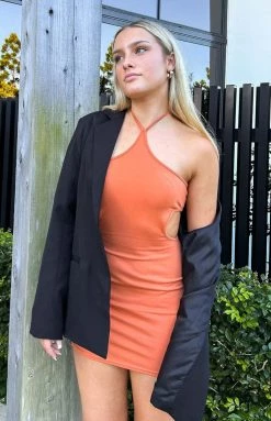 BB Exclusive Aisha Brown Halter Neck Mini Dress