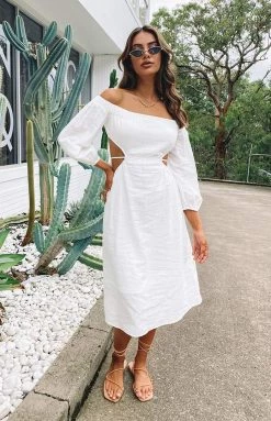 Beginning Boutique Albany Off The Shoulder Backless Midi Dress White Dresses