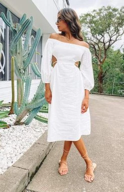 Beginning Boutique Albany Off The Shoulder Backless Midi Dress White Dresses