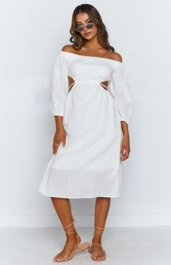Beginning Boutique Albany Off The Shoulder Backless Midi Dress White Dresses