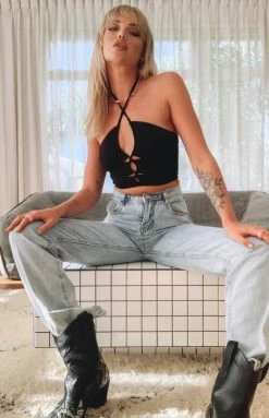 BB Exclusive Alexis Halter Ruched Top Black Tops