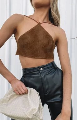 Beginning Boutique Aleya Crochet Top Brown Tops