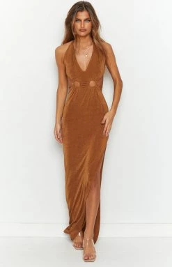 BB Exclusive Dresses Angie Brown Halter Maxi Dress
