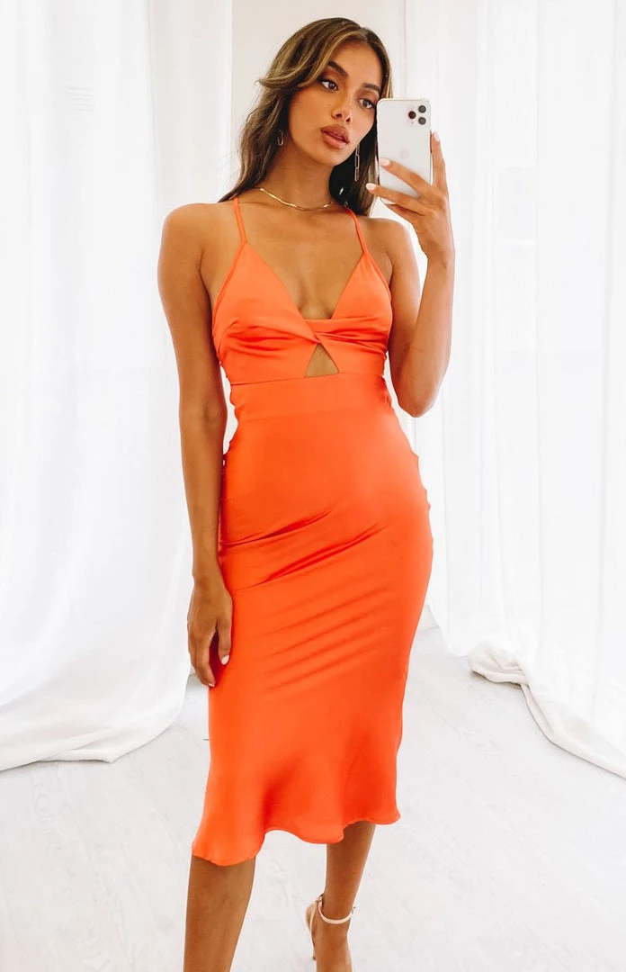 Beginning Boutique Ari Twist Satin Midi Dress Rust Dresses 2 Beginning Boutique Ari Twist Satin Midi Dress Rust Dresses