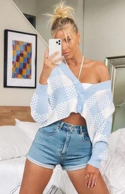 Beginning Boutique Tops Avah Check Cardigan Blue