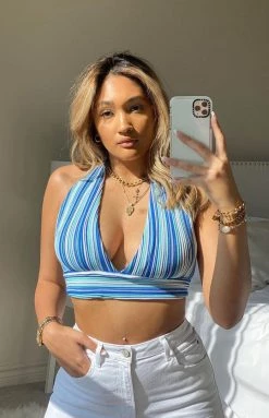 BB Exclusive Tops Beach Knit Halter Blue Multi