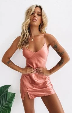 Beginning Boutique Between Us Mini Satin Dress Rust