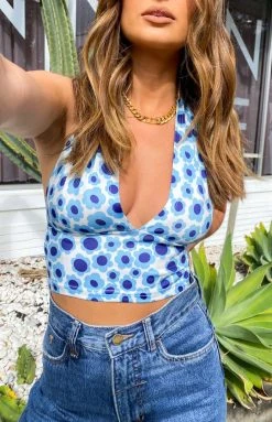 Beginning Boutique Blayne Halter Crop Top Blue Floral
