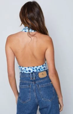 Beginning Boutique Blayne Halter Crop Top Blue Floral