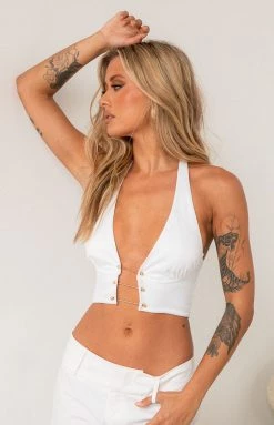 BB Exclusive Brigitta White Halter Crop Top Tops