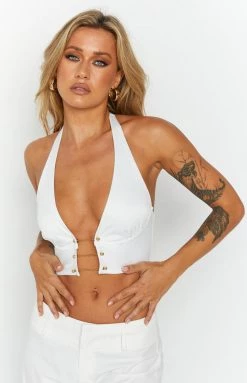 BB Exclusive Brigitta White Halter Crop Top Tops