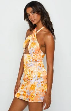 BB Exclusive Brooke Orange Floral Halter Mini Dress Dresses
