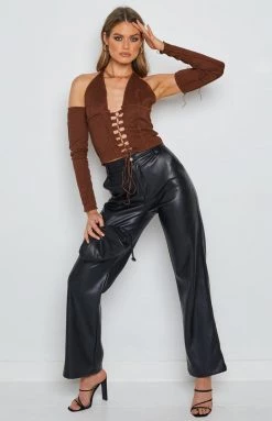 Beginning Boutique Jacinta Lace Up Top Brown Tops