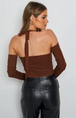 Beginning Boutique Jacinta Lace Up Top Brown Tops