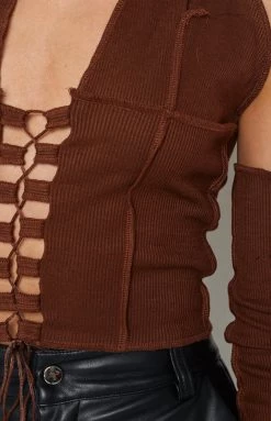 Beginning Boutique Jacinta Lace Up Top Brown Tops