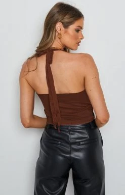 Beginning Boutique Jacinta Lace Up Top Brown Tops