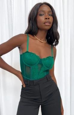 Beginning Boutique Tops Caress Green Lace Bodysuit