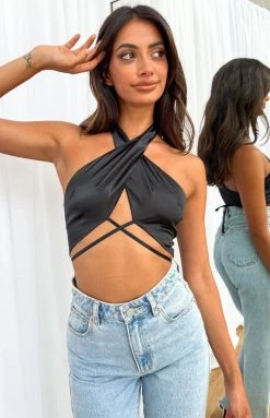 BB Exclusive Carly Black Satin Halter Top
