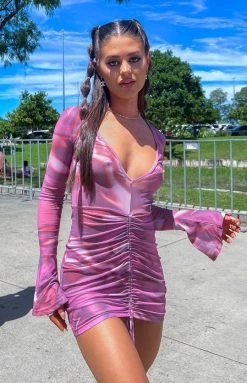 BB Exclusive Carmody Brown Print Mesh Long Sleeve Mini Dress New