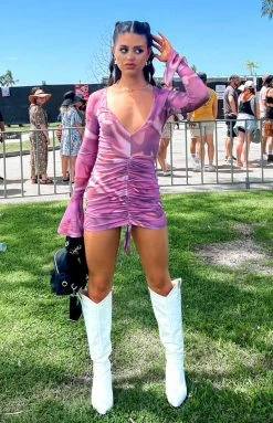 BB Exclusive Carmody Brown Print Mesh Long Sleeve Mini Dress New