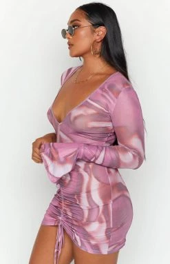 BB Exclusive Carmody Brown Print Mesh Long Sleeve Mini Dress New