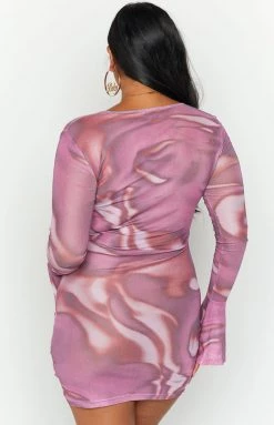 BB Exclusive Carmody Brown Print Mesh Long Sleeve Mini Dress New