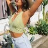 Beginning Boutique Cassidy Checked Halter Crop Green Tops