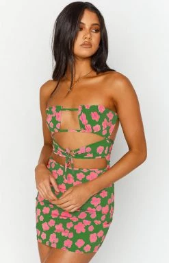 BB Exclusive Chantria Green Floral Strapless Mini Dress