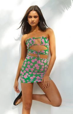 BB Exclusive Chantria Green Floral Strapless Mini Dress