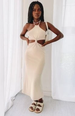 Beginning Boutique Claudia Halter Knit Midi Dress Beige Dresses