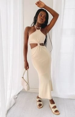 Beginning Boutique Claudia Halter Knit Midi Dress Beige Dresses
