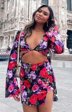 BB Exclusive Bottoms Clea Red Floral Mini Skirt