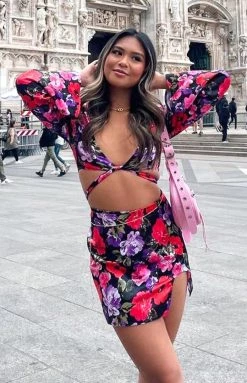 BB Exclusive Bottoms Clea Red Floral Mini Skirt