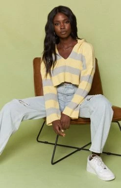 Beginning Boutique Outerwear College Striped Hooded Jumper Yellow