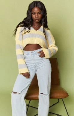 Beginning Boutique Outerwear College Striped Hooded Jumper Yellow