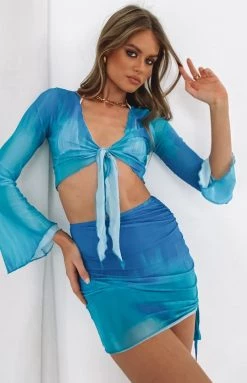 Beginning Boutique Coral Ruched Mini Skirt Blue Bottoms