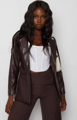 Beginning Boutique Deep Down PU Blazer Brown Outerwear