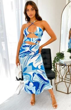 Beginning Boutique Dobyn Blue Printed Skirt Prom Dresses