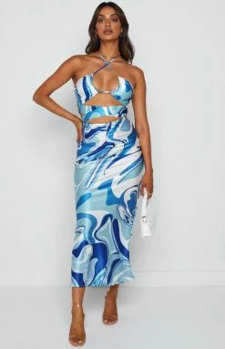 Beginning Boutique Dobyn Blue Printed Skirt Prom Dresses