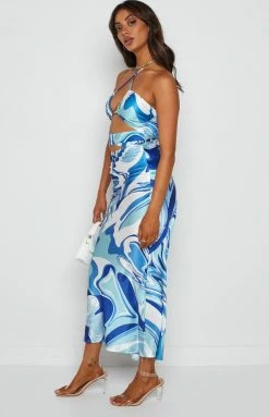 Beginning Boutique Dobyn Blue Printed Skirt Prom Dresses