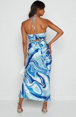 Beginning Boutique Dobyn Blue Printed Skirt Prom Dresses