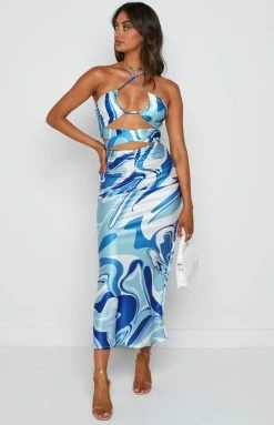 Beginning Boutique Cocktail Dresses Dobyn Blue Printed Top